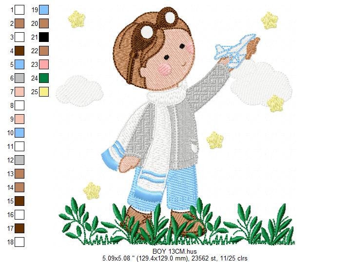 Pilot with goggles embroidery designs - Aviator with toy plane machine embroidery pattern - Baby boy file - Instant digital download pes