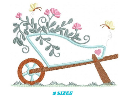 Flower cart embroidery designs - Flowercart Garden with butterflies machine embroidery pattern - Floral kitchen towel - Instant download