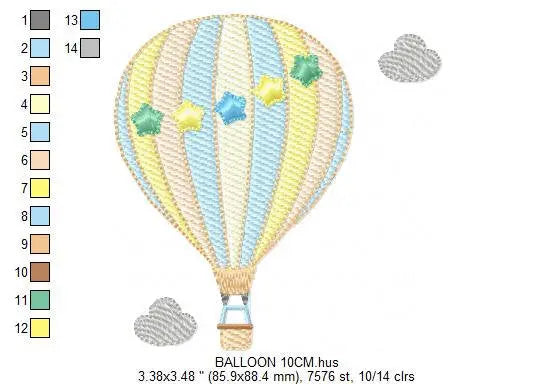 Ballon embroidery designs - Hot air balloon embroidery design machine embroidery pattern - Sky with clouds embroidery - instant download Marcia Embroidery