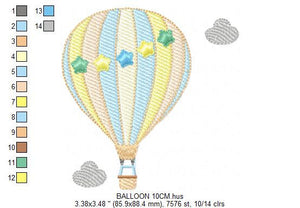 Ballon embroidery designs - Hot air balloon embroidery design machine embroidery pattern - Sky with clouds embroidery - instant download