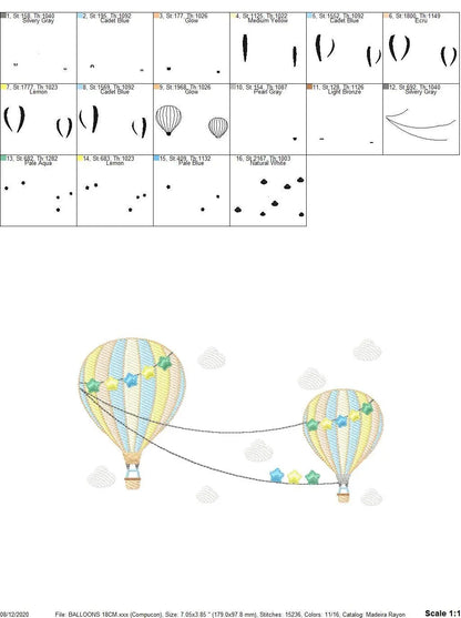 Ballon embroidery designs - Hot air balloon embroidery design machine embroidery pattern - Sky with clouds embroidery - instant download Marcia Embroidery
