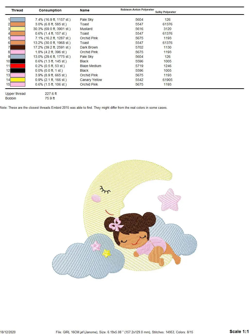 Baby girl sleeping embroidery design - Newborn machine embroidery pattern - Moon with clouds and stars file - Instant download pes jef dst Marcia Embroidery