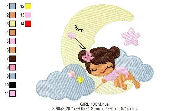 Baby girl sleeping embroidery design - Newborn machine embroidery pattern - Moon with clouds and stars file - Instant download pes jef dst Marcia Embroidery