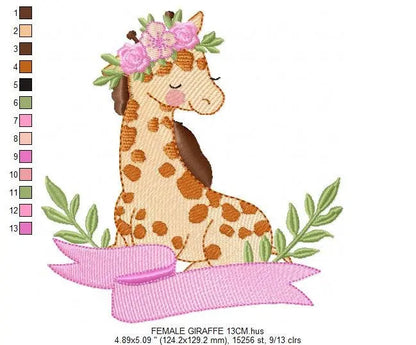 Giraffe with laurel leaves embroidery design - Giraffe with flower and bow tie machine embroidery pattern - Baby girl boy - Instant download Marcia Embroidery