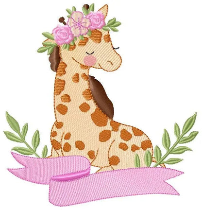 Giraffe with laurel leaves embroidery design - Giraffe with flower and bow tie machine embroidery pattern - Baby girl boy - Instant download Marcia Embroidery