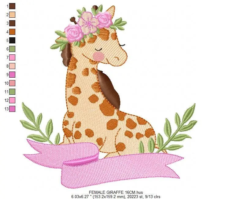 Giraffe with laurel leaves embroidery design - Giraffe with flower and bow tie machine embroidery pattern - Baby girl boy - Instant download Marcia Embroidery