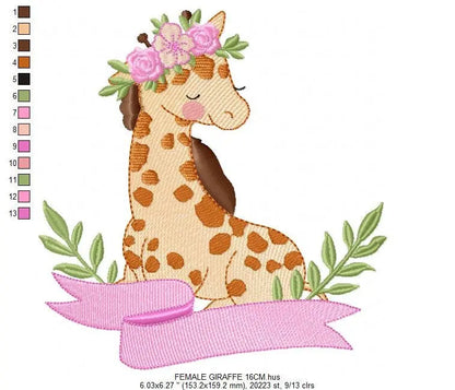 Giraffe with laurel leaves embroidery design - Giraffe with flower and bow tie machine embroidery pattern - Baby girl boy - Instant download Marcia Embroidery