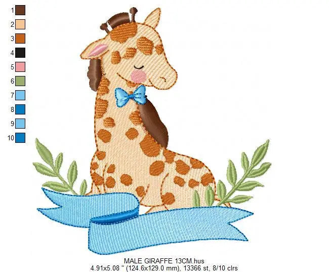 Giraffe with laurel leaves embroidery design - Giraffe with flower and bow tie machine embroidery pattern - Baby girl boy - Instant download Marcia Embroidery