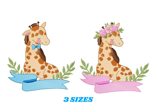 Giraffe with laurel leaves embroidery design - Giraffe with flower and bow tie machine embroidery pattern - Baby girl boy - Instant download