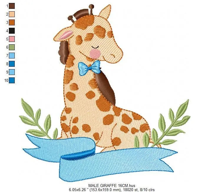 Giraffe with laurel leaves embroidery design - Giraffe with flower and bow tie machine embroidery pattern - Baby girl boy - Instant download Marcia Embroidery