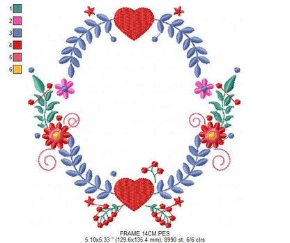Monogram Frame embroidery designs - Laurel with Flower and hearts machine embroidery pattern - Flowers wreath file - Instant download pes