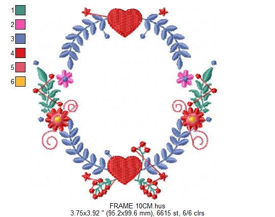 Monogram Frame embroidery designs - Laurel with Flower and hearts machine embroidery pattern - Flowers wreath file - Instant download pes