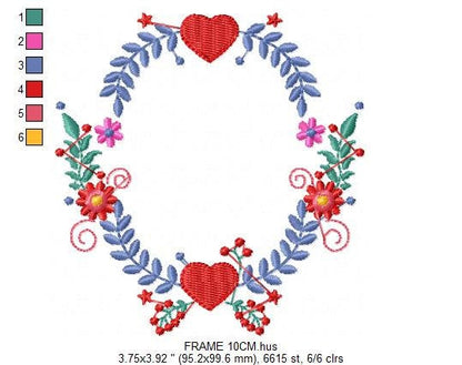 Monogram Frame embroidery designs - Laurel with Flower and hearts machine embroidery pattern - Flowers wreath file - Instant download pes