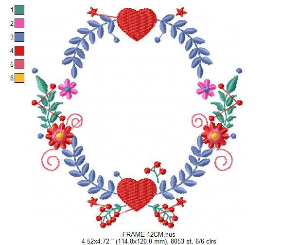 Monogram Frame embroidery designs - Laurel with Flower and hearts machine embroidery pattern - Flowers wreath file - Instant download pes