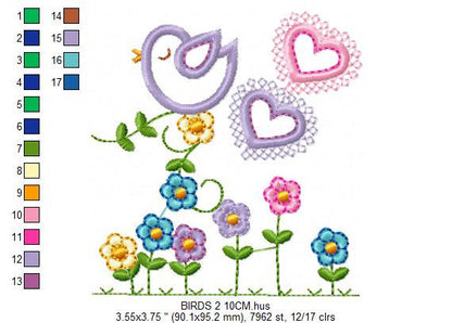 Bird embroidery designs - Birds with flower garden machine embroidery pattern - Spring garden kitchen towel file - instant download pes jef