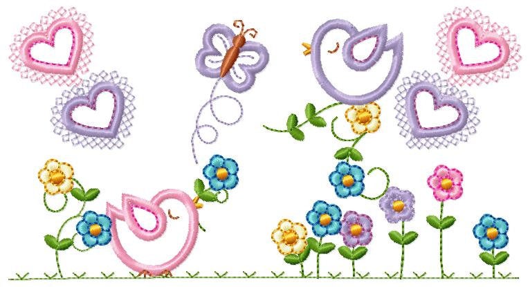 Bird embroidery designs - Birds with flower garden machine embroidery pattern - Spring garden kitchen towel file - instant download pes jef