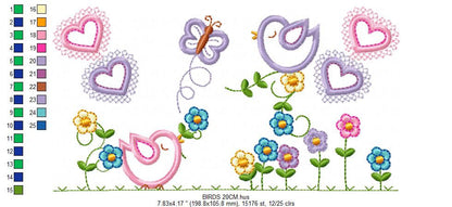 Bird embroidery designs - Birds with flower garden machine embroidery pattern - Spring garden kitchen towel file - instant download pes jef