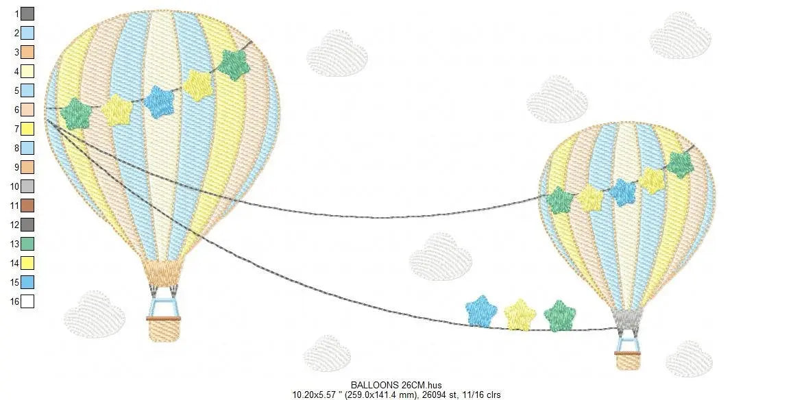 Ballon embroidery designs - Hot air balloon embroidery design machine embroidery pattern - Sky with clouds embroidery - instant download Marcia Embroidery