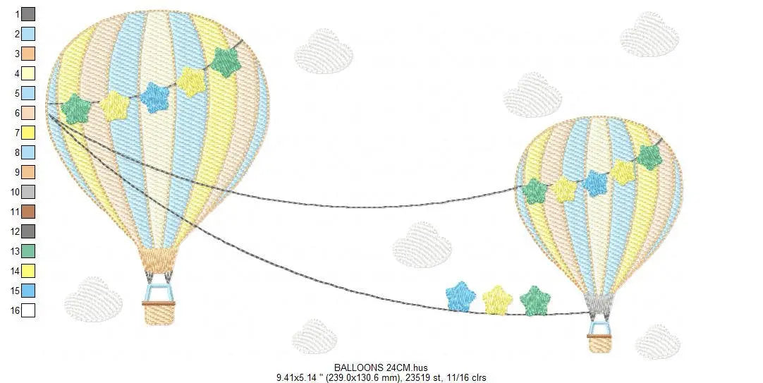 Ballon embroidery designs - Hot air balloon embroidery design machine embroidery pattern - Sky with clouds embroidery - instant download Marcia Embroidery