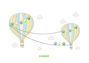 Ballon embroidery designs - Hot air balloon embroidery design machine embroidery pattern - Sky with clouds embroidery - instant download