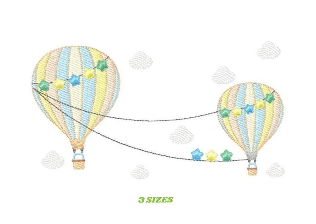 Ballon embroidery designs - Hot air balloon embroidery design machine embroidery pattern - Sky with clouds embroidery - instant download