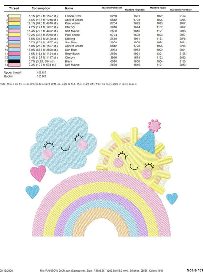 Rainbow embroidery design - Sun and cloud with hearts machine embroidery pattern - Baby girl file -  Instant digital download pes jef dst Marcia Embroidery