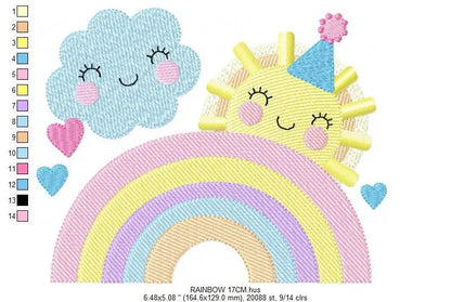Rainbow embroidery design - Sun and cloud with hearts machine embroidery pattern - Baby girl file -  Instant digital download pes jef dst Marcia Embroidery