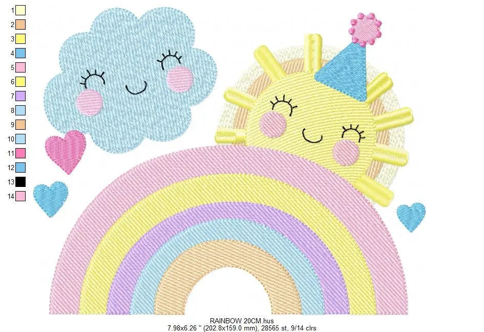 Rainbow embroidery design - Sun and cloud with hearts machine embroidery pattern - Baby girl file -  Instant digital download pes jef dst Marcia Embroidery