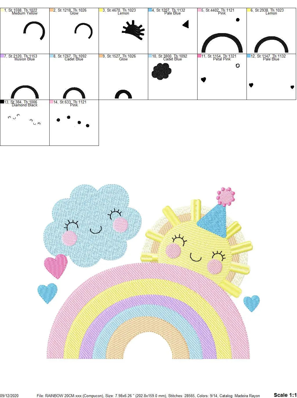 Rainbow embroidery design - Sun and cloud with hearts machine embroidery pattern - Baby girl file -  Instant digital download pes jef dst Marcia Embroidery