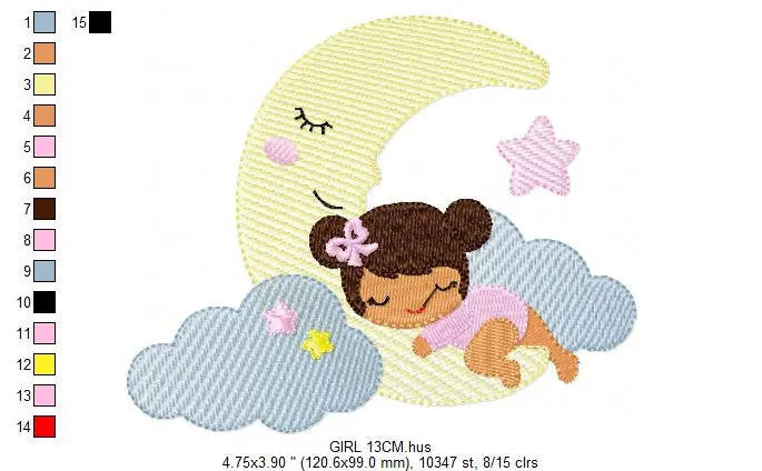 Baby girl sleeping embroidery design - Newborn machine embroidery pattern - Moon with clouds and stars file - Instant download pes jef dst Marcia Embroidery