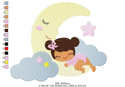 Baby girl sleeping embroidery design - Newborn machine embroidery pattern - Moon with clouds and stars file - Instant download pes jef dst Marcia Embroidery