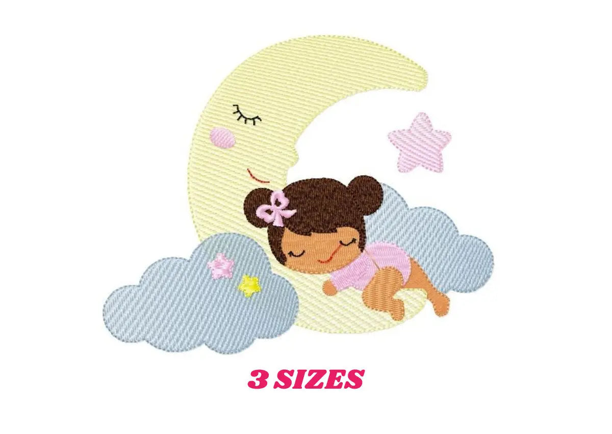 Baby girl sleeping embroidery design - Newborn machine embroidery pattern - Moon with clouds and stars file - Instant download pes jef dst Marcia Embroidery