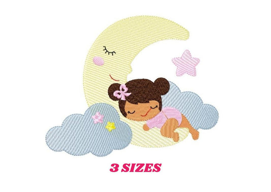 Baby girl sleeping embroidery design - Newborn machine embroidery pattern - Moon with clouds and stars file - Instant download pes jef dst