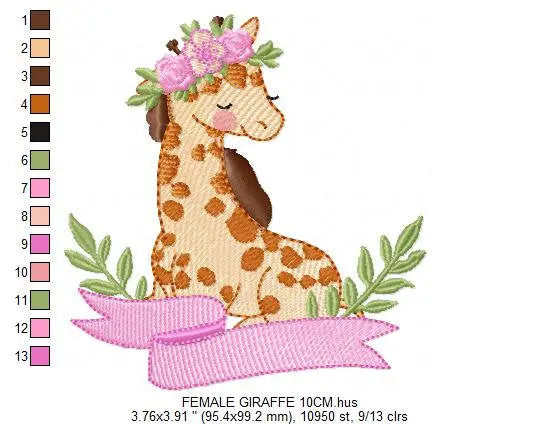 Giraffe with laurel leaves embroidery design - Giraffe with flower and bow tie machine embroidery pattern - Baby girl boy - Instant download Marcia Embroidery