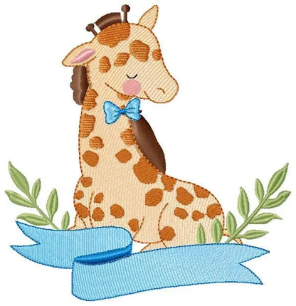Giraffe with laurel leaves embroidery design - Giraffe with flower and bow tie machine embroidery pattern - Baby girl boy - Instant download Marcia Embroidery