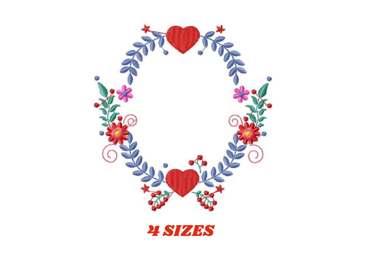 Monogram Frame embroidery designs - Laurel with Flower and hearts machine embroidery pattern - Flowers wreath file - Instant download pes