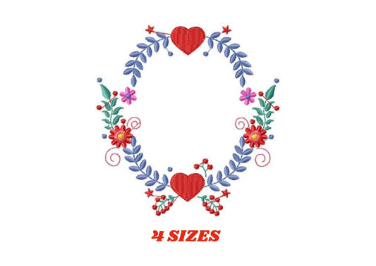Monogram Frame embroidery designs - Laurel with Flower and hearts machine embroidery pattern - Flowers wreath file - Instant download pes
