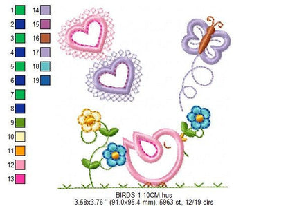 Bird embroidery designs - Birds with flower garden machine embroidery pattern - Spring garden kitchen towel file - instant download pes jef