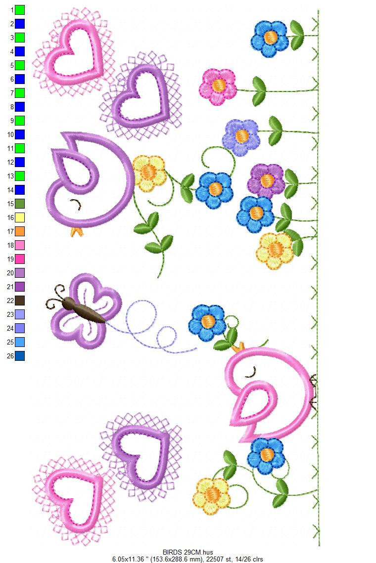 Bird embroidery designs - Birds with flower garden machine embroidery pattern - Spring garden kitchen towel file - instant download pes jef