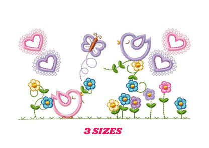 Bird embroidery designs - Birds with flower garden machine embroidery pattern - Spring garden kitchen towel file - instant download pes jef