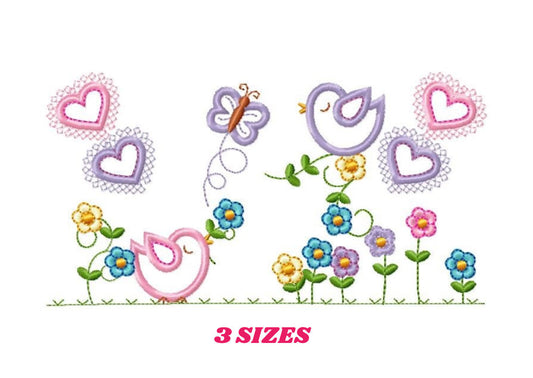 Bird embroidery designs - Birds with flower garden machine embroidery pattern - Spring garden kitchen towel file - instant download pes jef