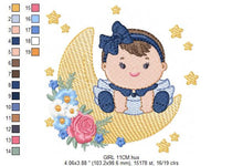 Charger l&#39;image dans la galerie, Baby girl with lace embroidery design - Girl with moon embroidery designs machine embroidery pattern - Moon with flowers embroidery file pes
