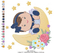 Charger l&#39;image dans la galerie, Baby girl with lace embroidery design - Girl with moon embroidery designs machine embroidery pattern - Moon with flowers embroidery file pes
