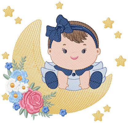 Baby girl with lace embroidery design - Girl with moon embroidery designs machine embroidery pattern - Moon with flowers embroidery file pes