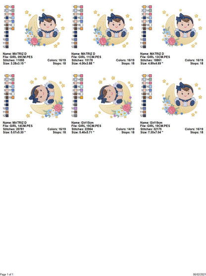 Baby girl with lace embroidery design - Girl with moon embroidery designs machine embroidery pattern - Moon with flowers embroidery file pes