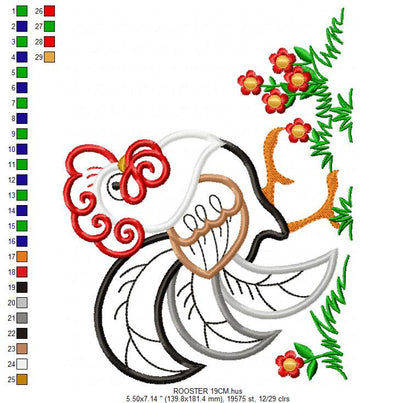 Rooster embroidery designs - Farm animal machine embroidery pattern - Kitchen Towel applique design - Instant digital download pes jef dst