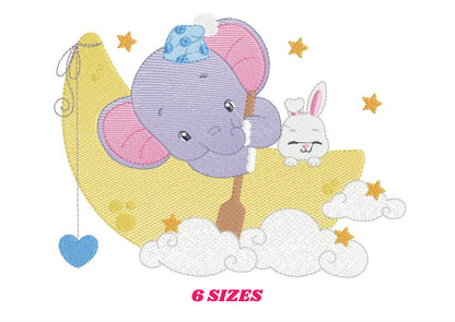 Elephant embroidery designs - Animal embroidery design machine embroidery pattern - Elephant with moon embroidery file - kid embroidery