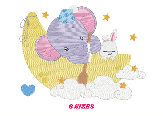 Elephant embroidery designs - Animal embroidery design machine embroidery pattern - Elephant with moon embroidery file - kid embroidery