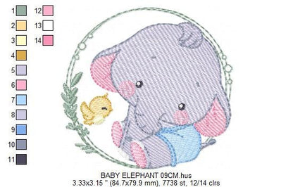Baby Elephant with frame embroidery designs - Safari wild animal with bird machine embroidery pattern - Baby Boy file - Instant download pes