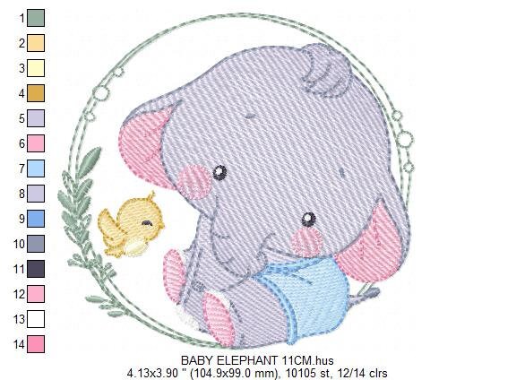 Baby Elephant with frame embroidery designs - Safari wild animal with bird machine embroidery pattern - Baby Boy file - Instant download pes